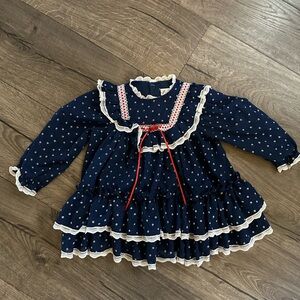 Bryan Ruffle Sailor Dress Months?  Swiss Dot Lace Bib Blue Vintage 80s